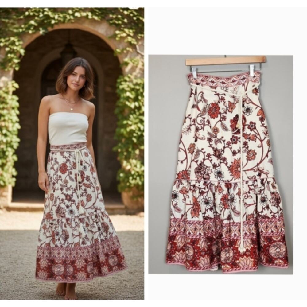 House of Harlow 1960 Cream Maxi Skirt with Red & Brown Floral Print